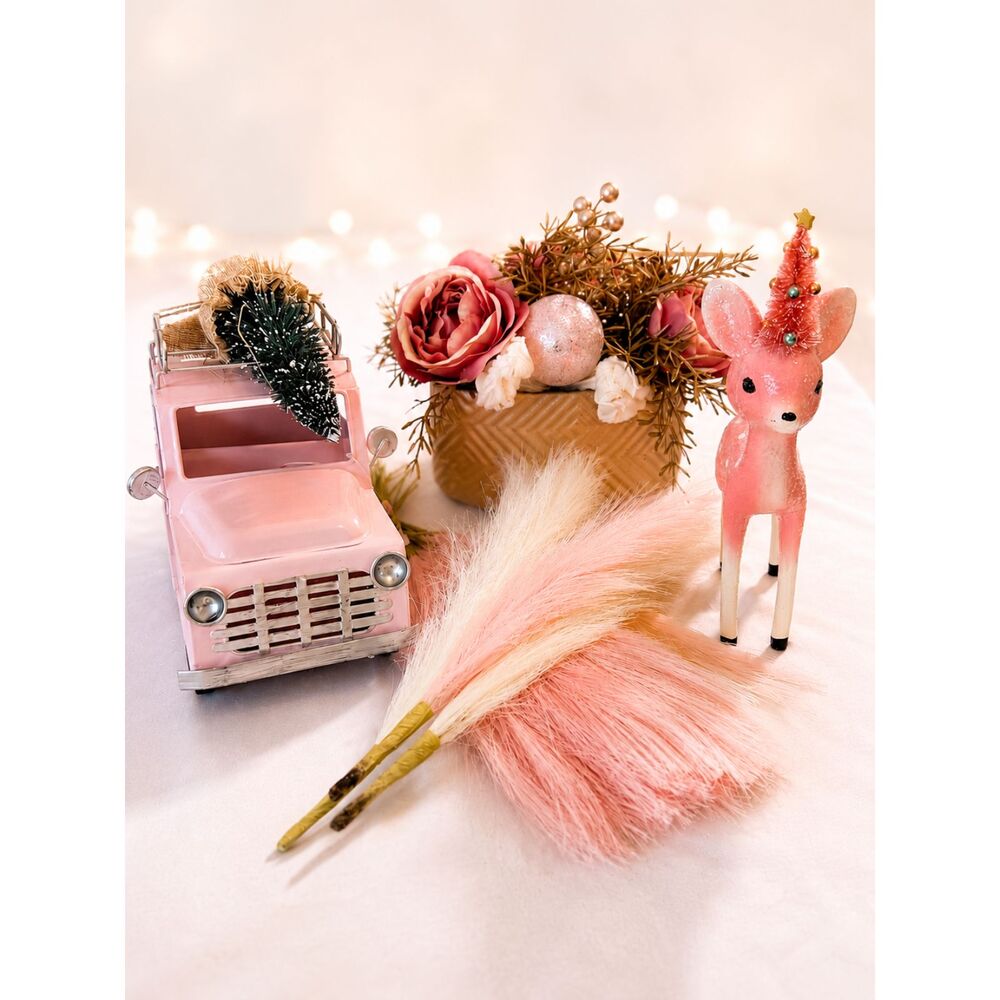 Pink Christmas Decor Bundle Deer Truck Floral Centerpiece Pampas Holiday Decor